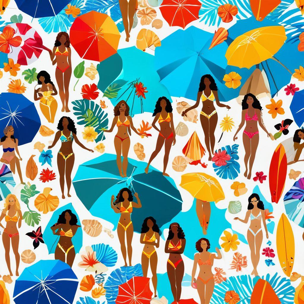 A vibrant beach scene featuring a variety of stylish swimsuits, including colorful monokinis and playful peek-a-boo designs. Show women of diverse backgrounds confidently flaunting these fashions, with beach umbrellas and surfboards in the background. Add playful waves and seashells scattered around for a flirty vibe. The sun casts a golden glow over the scene, emphasizing the fun and carefree atmosphere. super-realistic. vibrant colors. sunny beach setting.